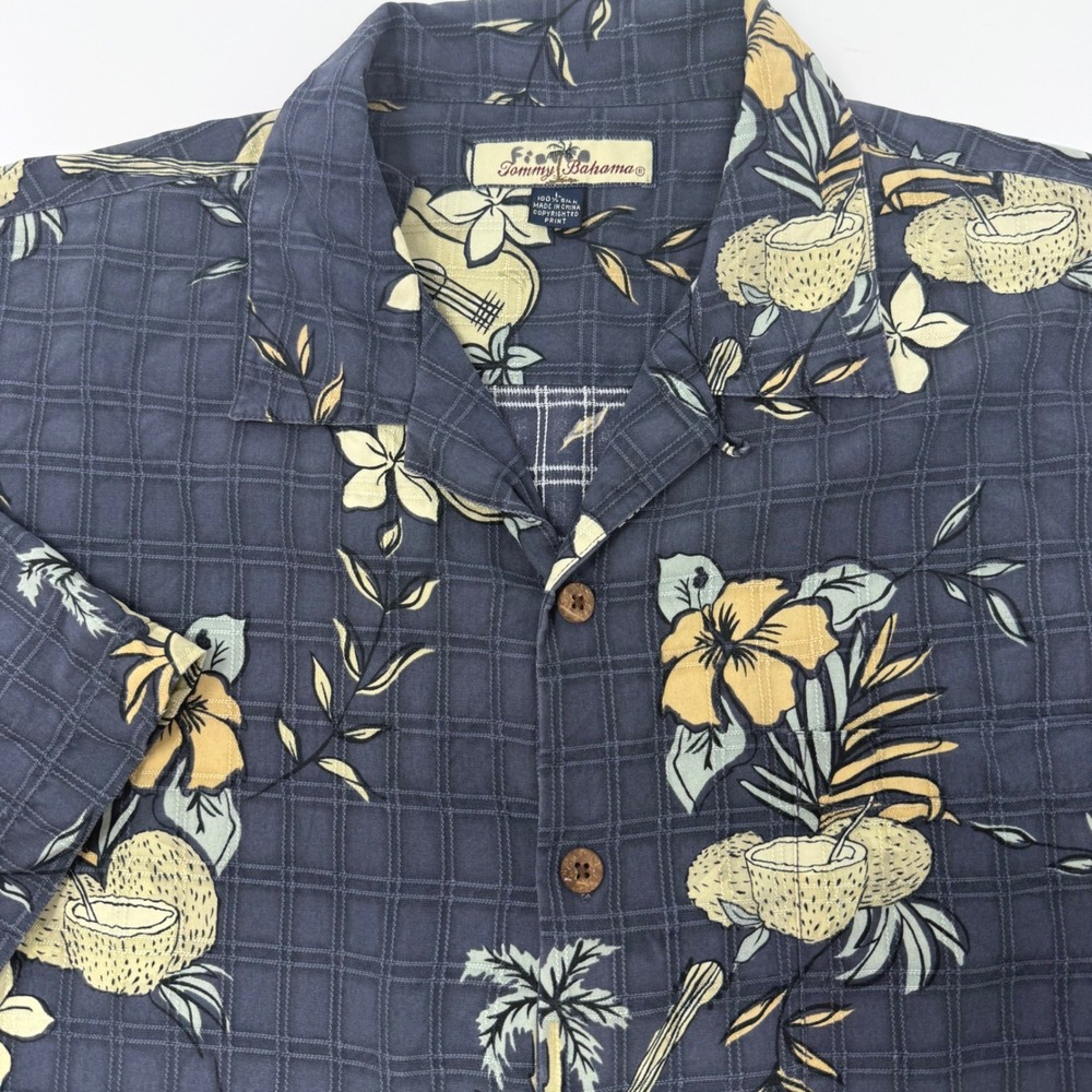 Tommy Bahama Mens Large Silk Hawaiian Shirt Navy Blue Floral Ukulele Camp Shirt